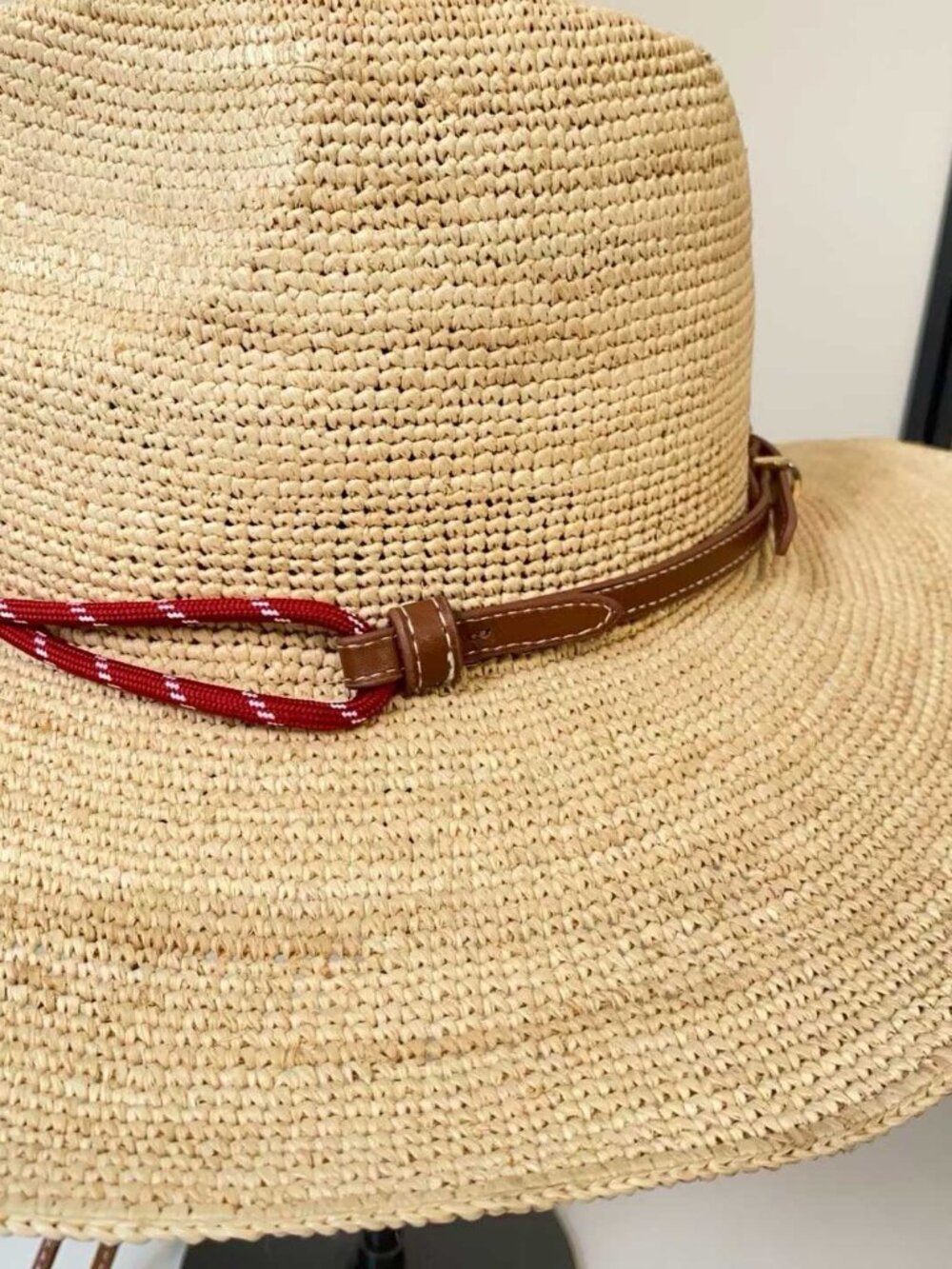 Miu Miu Raffia Wide Brim Cowboy Hat, Red Braided Strap Windproof Straw Sun Hat - Picture 8 of 9